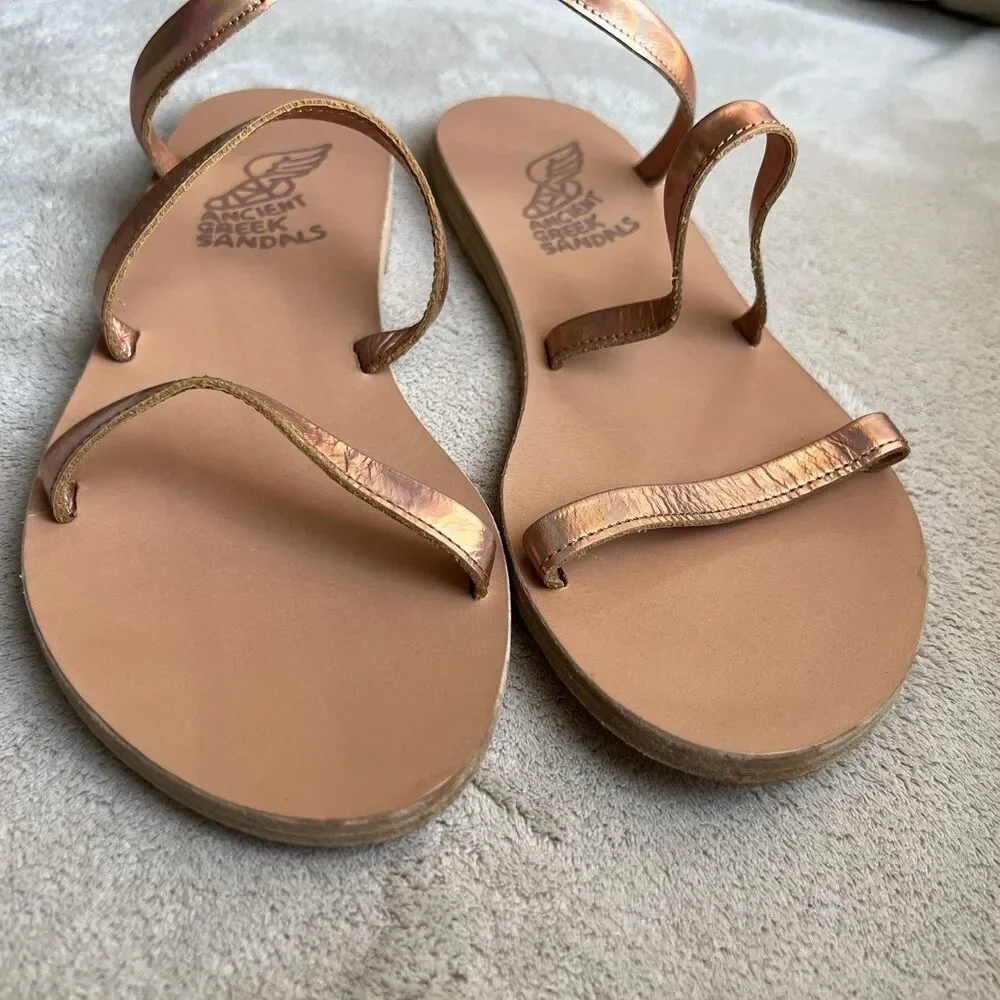 Ancient Greek Sandals Ofis Iridescent Copper Flat Sandal‎ EU 37 US 7 Ankle-Wrap